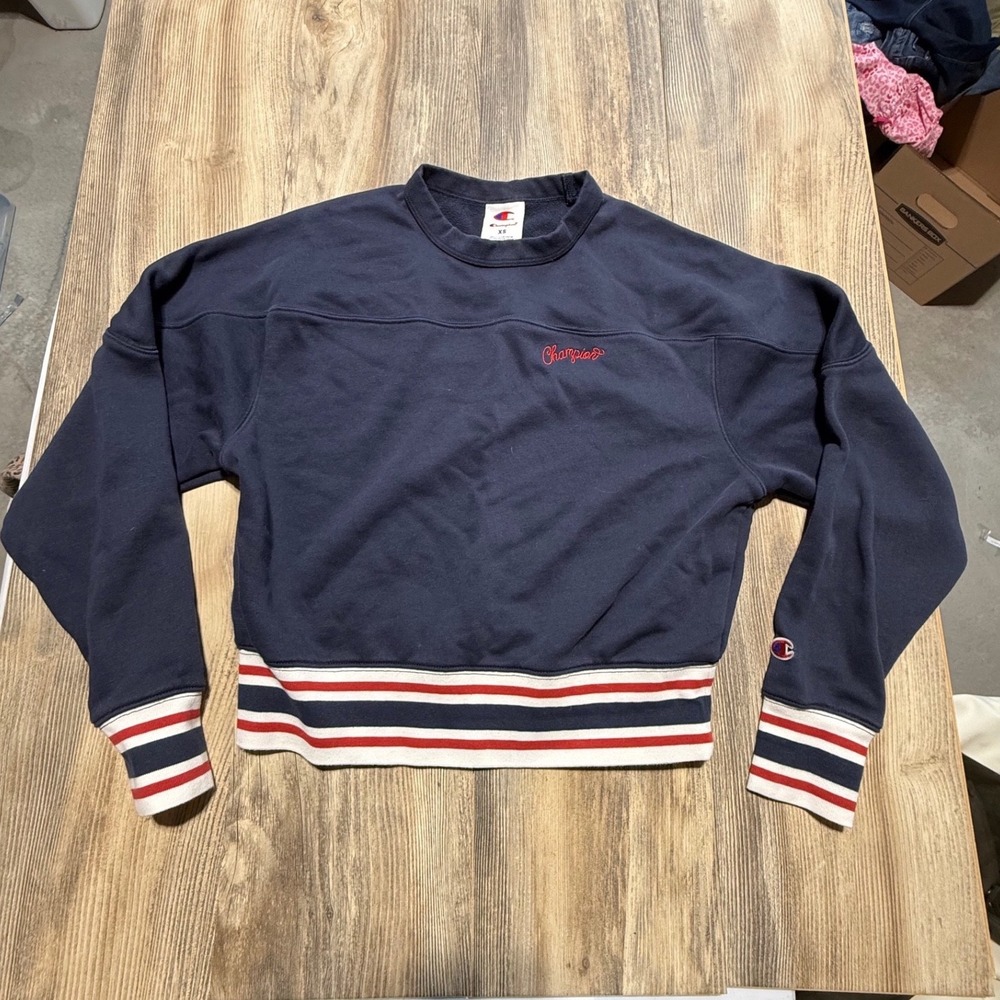 Champion Womens Navy Blue Cropped Sweatshirt XS Striped Trim Cursive Logo